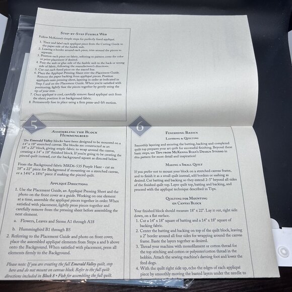 McKenna Ryan Emerald Valley “Hummingbird” Applique Quilt Sewing Pattern Uncut FF - Picture 4 of 6